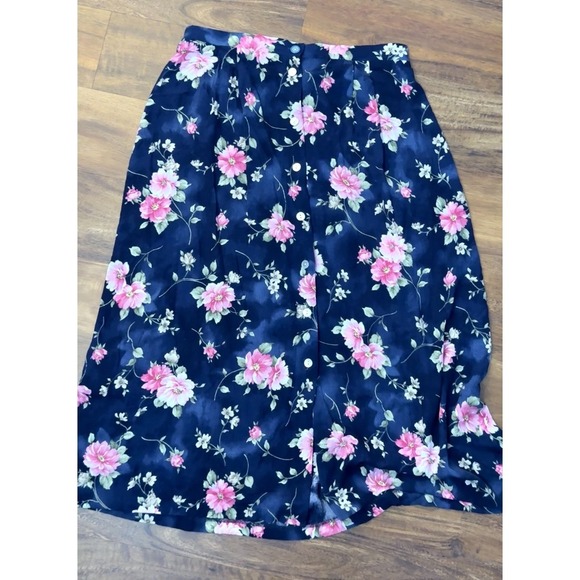 Jaclyn Smith Dresses & Skirts - Vintage 90s Jaclyn Smith Floral Button Front Midi Skirt Navy Pink Rayon XL